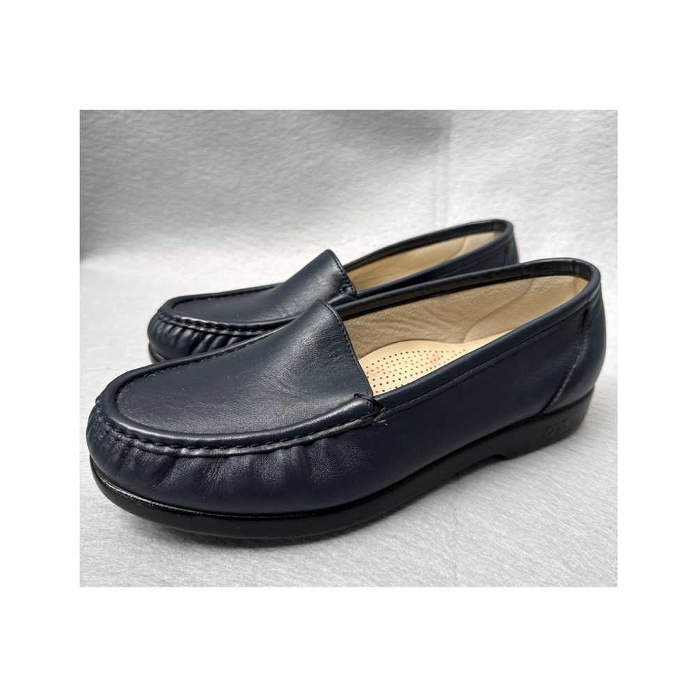 SAS Simplify Shoes Navy Blue Leather Loafer Comfort Tripad Footbed Women 9 WW
